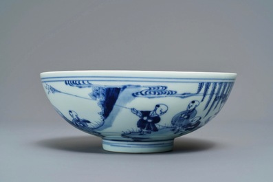 A Chinese blue and white 'playing boys' bowl, Yongzheng mark and of the period